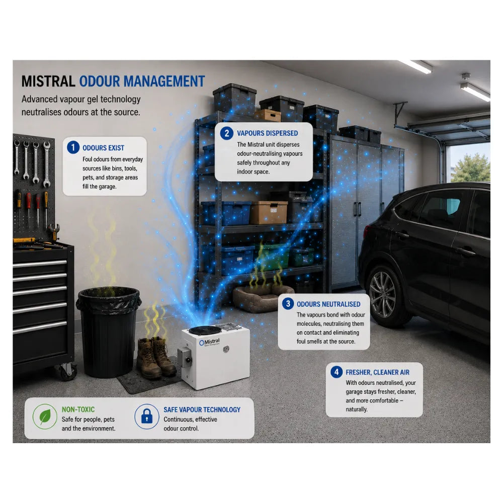 MISTRAL odour management system neutralising airborne odours in garages, indoor spaces and hydroponic grow rooms using safe vapour technology and non-toxic plant-based ingredients.