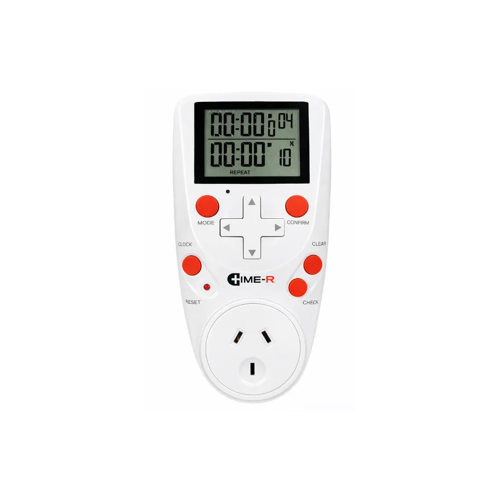 Time-R programmable digital timer power outlet for hydroponic systems, ideal for controlling grow lights, fans and irrigation cycles