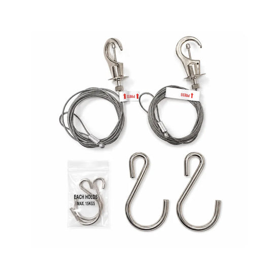 Heavy-duty adjustable grow light hanger kit with steel cables, hooks and extenders for indoor hydroponic setups
