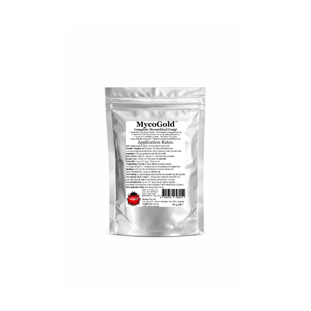 MycoGold mycorrhizal fungi 50g silver pouch soil and plant root inoculant