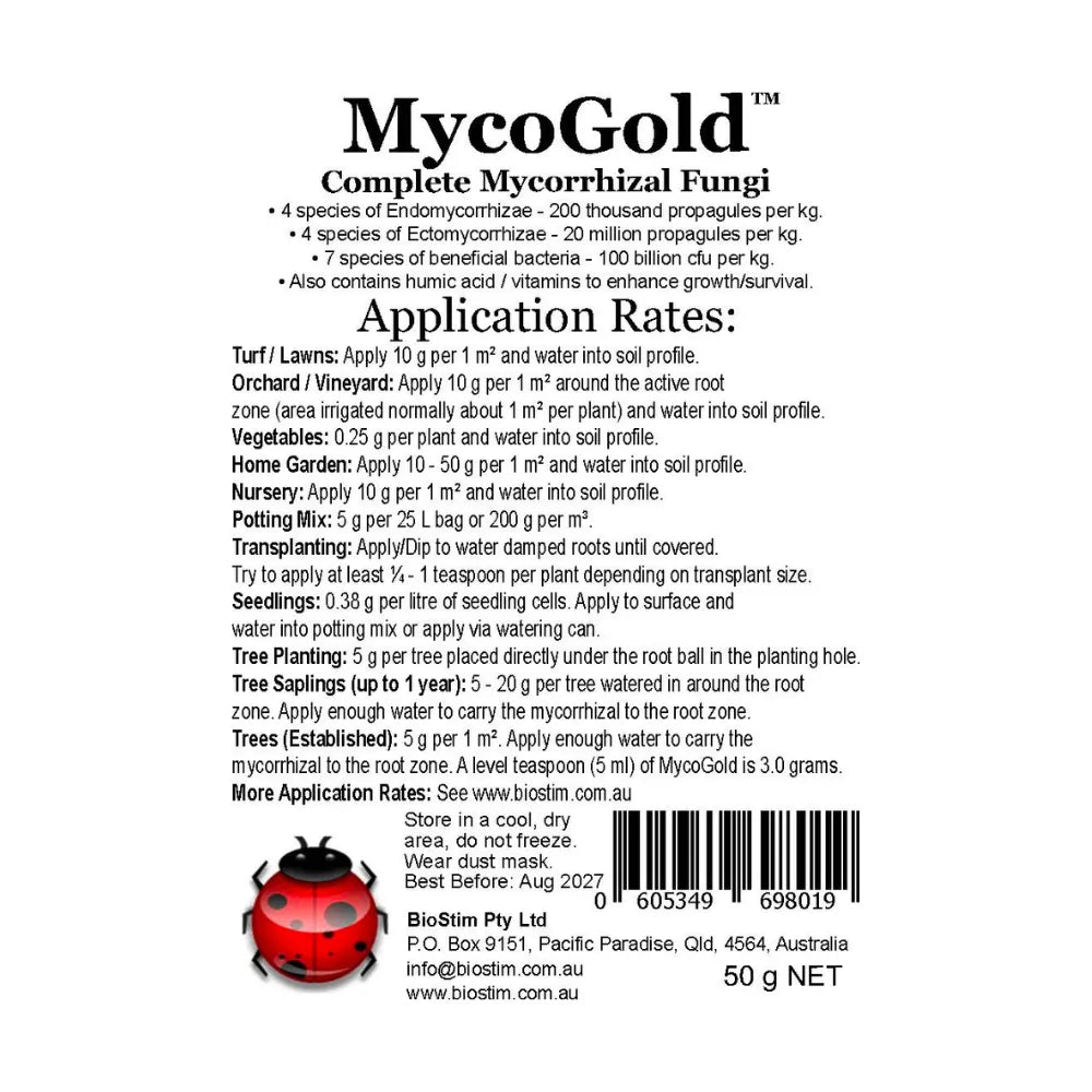 MycoGold complete mycorrhizal fungi 50g application rates label for gardens, lawns and seedlings
