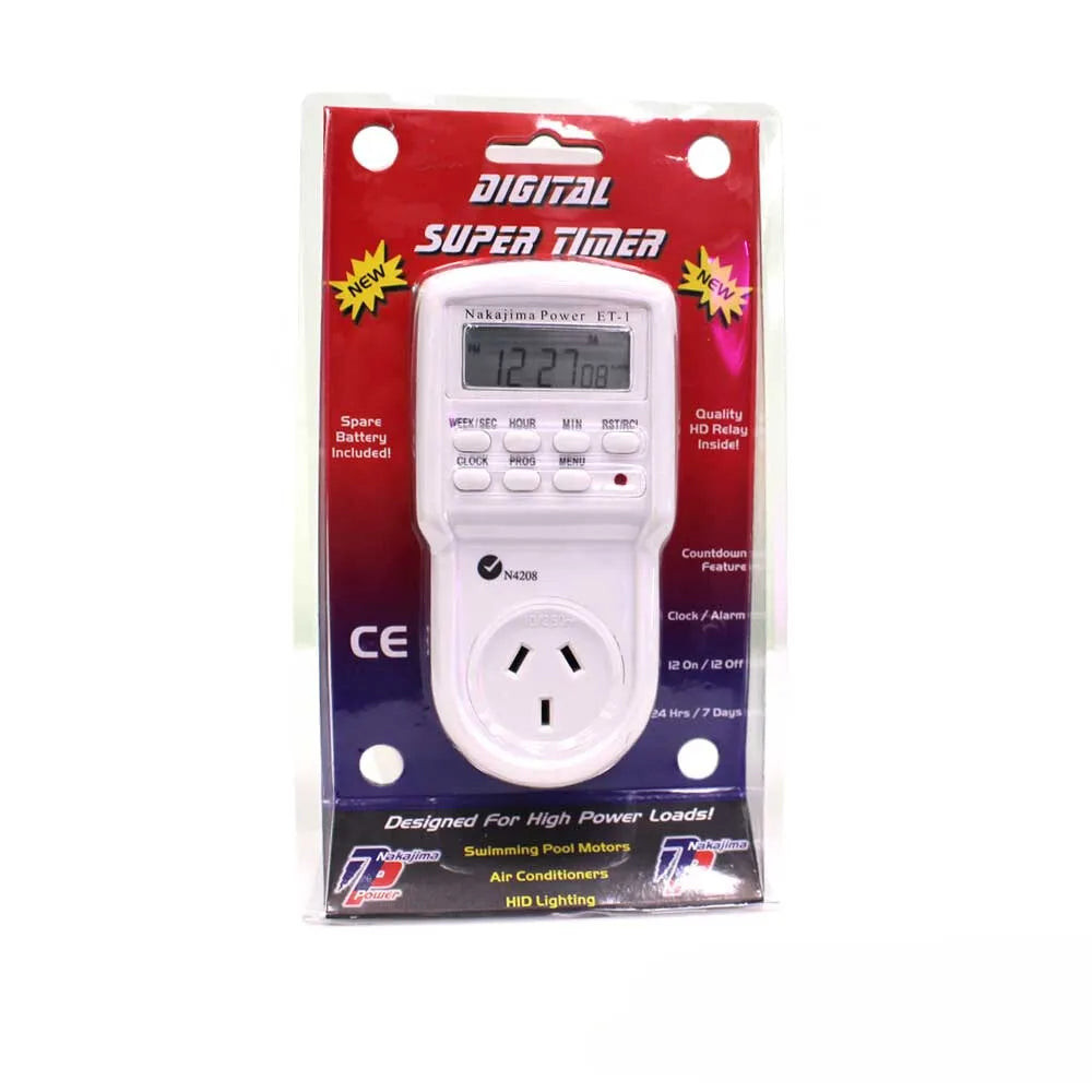 NAKAJIMA digital timer in retail packaging. For precise timing of hydroponic grow lights.