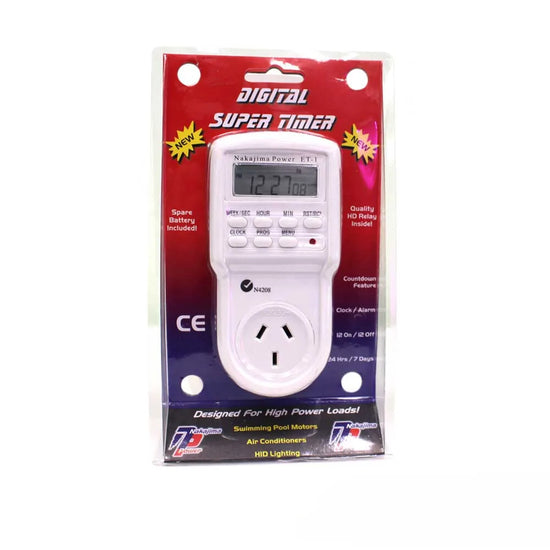 NAKAJIMA digital timer in retail packaging. For precise timing of hydroponic grow lights.