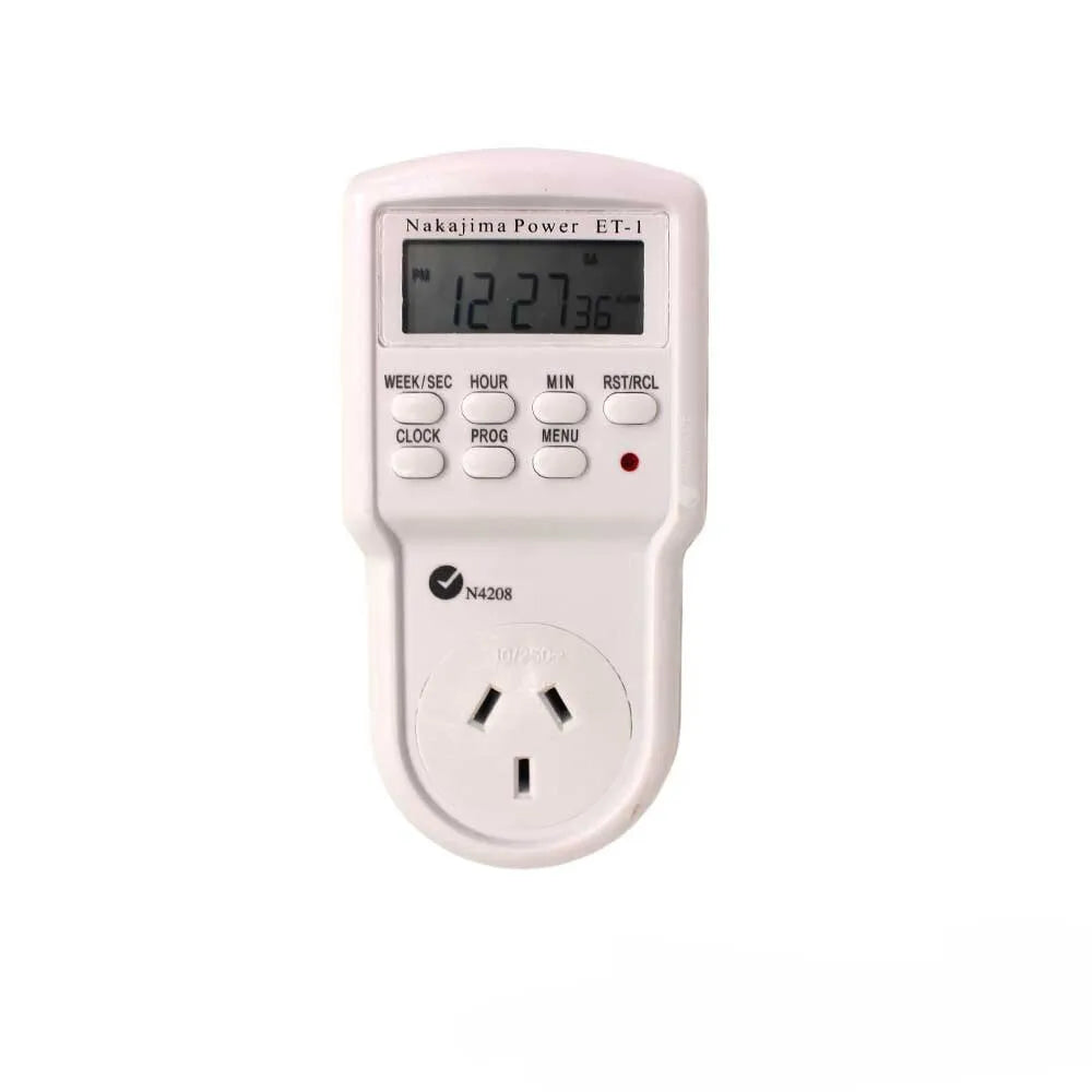 NAKAJIMA digital timer with LCD display for hydroponic lighting, irrigation and ventilation automation control.