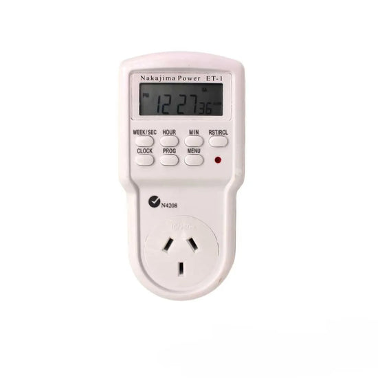 NAKAJIMA digital timer with LCD display for hydroponic lighting, irrigation and ventilation automation control.