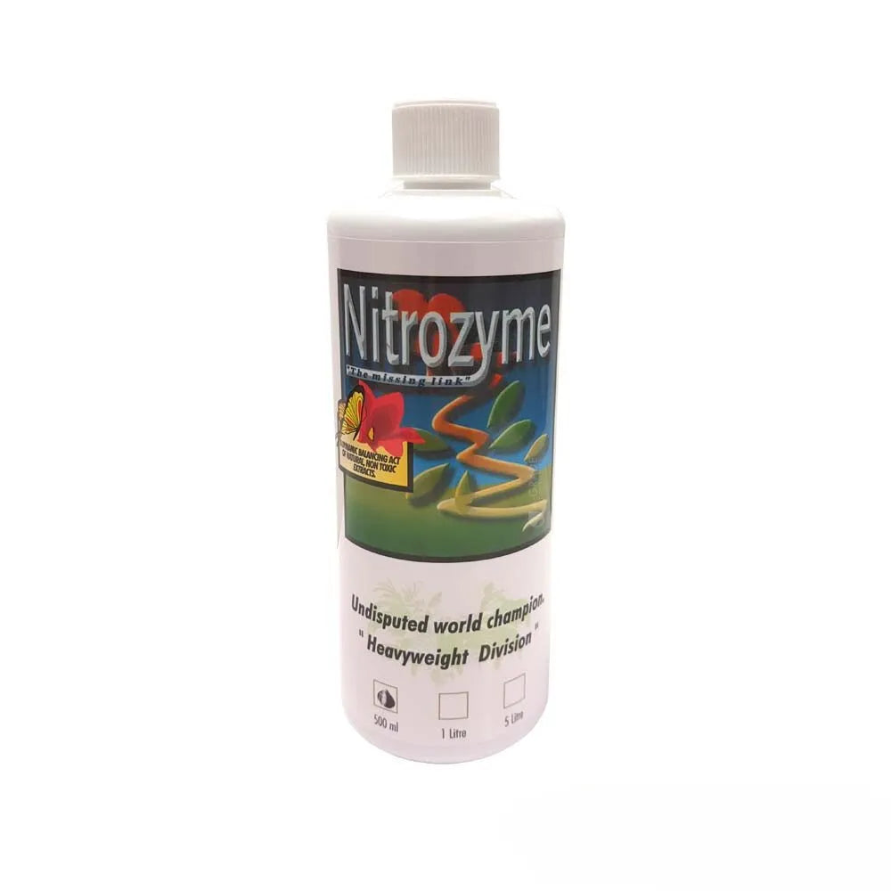 NITROZYME plant growth stimulant bottle for hydroponics, flowering support, root development and healthy plant growth.