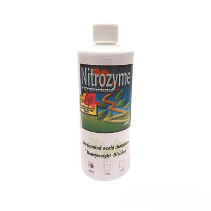 NITROZYME plant growth stimulant bottle for hydroponics, flowering support, root development and healthy plant growth.
