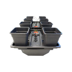 Origin 8 pot hydroponic dripper system, recirculating top feed setup with reservoir and grow pots for indoor growing