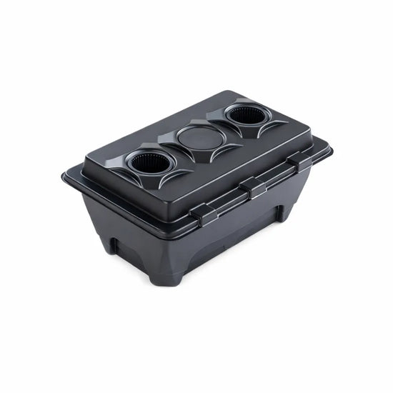 Black NUTSYSTEMS Oxypot XL hydroponic deep water culture system with secure lid and net pot openings for indoor plant growing