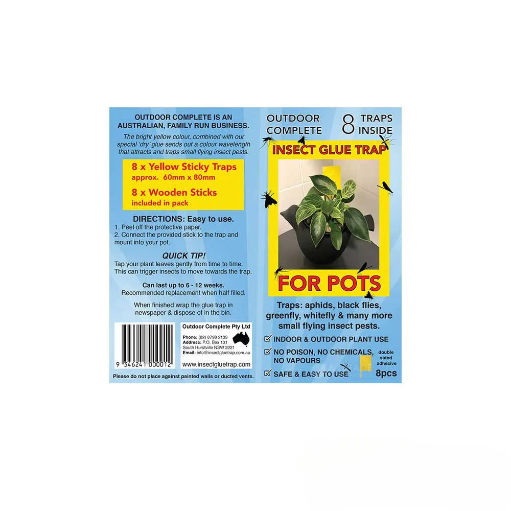 Back packaging of OUTDOOR COMPLETE insect glue traps for pots with 8 yellow sticky traps and wooden sticks for indoor and outdoor plant pest control.