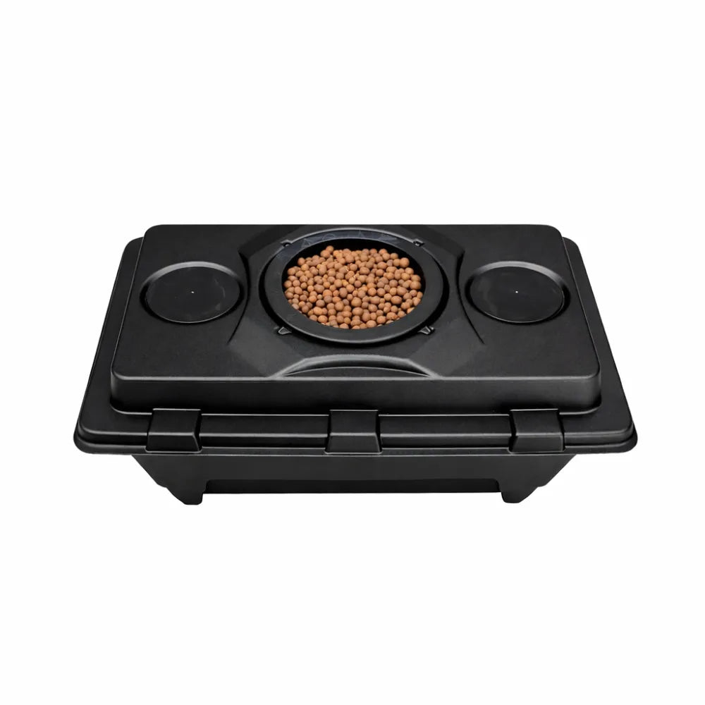 Black hydroponic Oxypot XL lid with 6.5L net basket and clay pebbles for DWC plant growing system