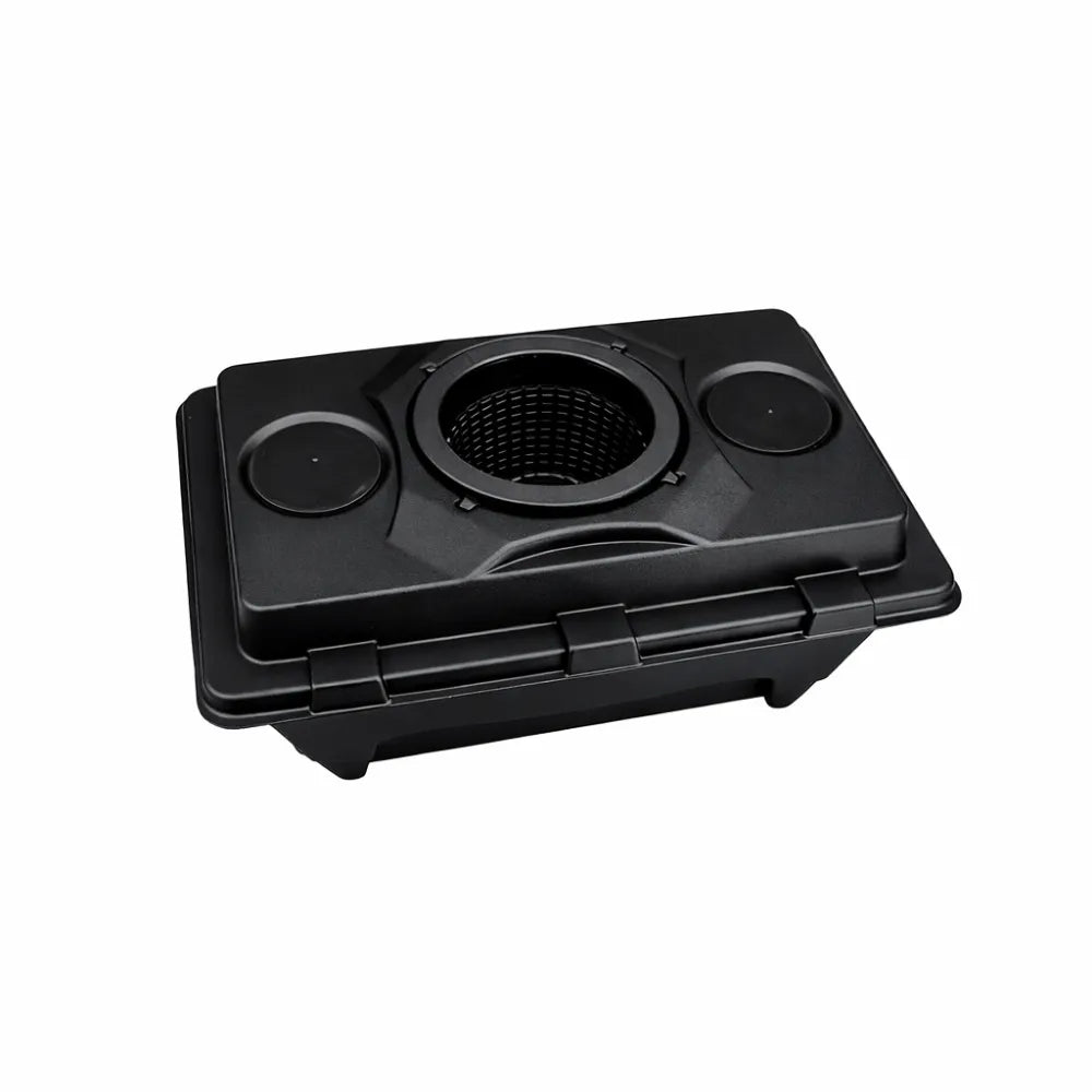 Angled view of Oxypot XL 6.5L hydroponic bucket lid with removable net pot and dual access ports