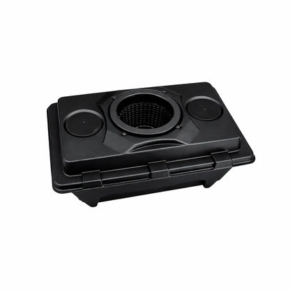 Angled view of Oxypot XL 6.5L hydroponic bucket lid with removable net pot and dual access ports