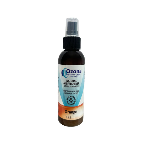 Ozona natural air freshener spray 125ml in orange scent, essential oil odour eliminator in compact spray bottle, non-toxic home fragrance solution