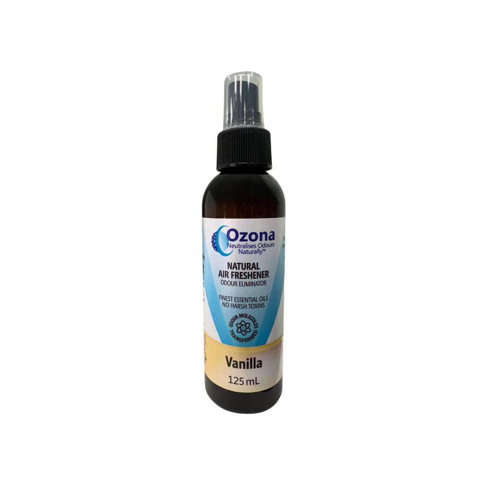 Ozona Natural Air Freshener Vanilla 125mL spray bottle – natural odour eliminator with essential oils, non-toxic air freshener for home use