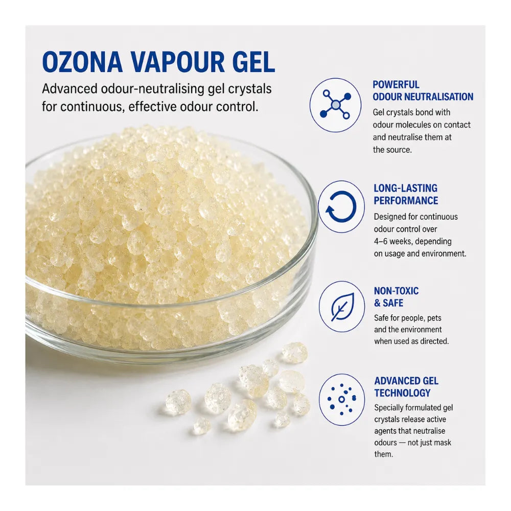 Ozona Vapour Gel odour-neutralising crystals for hydroponic grow rooms, indoor gardens and continuous odour control.