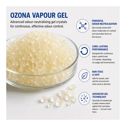 Ozona Vapour Gel odour-neutralising crystals for hydroponic grow rooms, indoor gardens and continuous odour control.