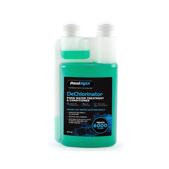 PONDMAX DeChlorinator 500ml water treatment for hydroponics and ponds, removes chlorine, chloramine and ammonia from tap water to support healthier plant roots and cleaner reservoirs.