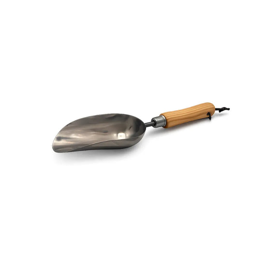 Metal garden trowel with wooden handle on a white background