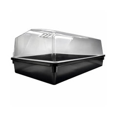 PROP 64 Clear plastic propagation dome lid with black base tray for seed starting, plant propagation and humidity control in indoor gardening.
