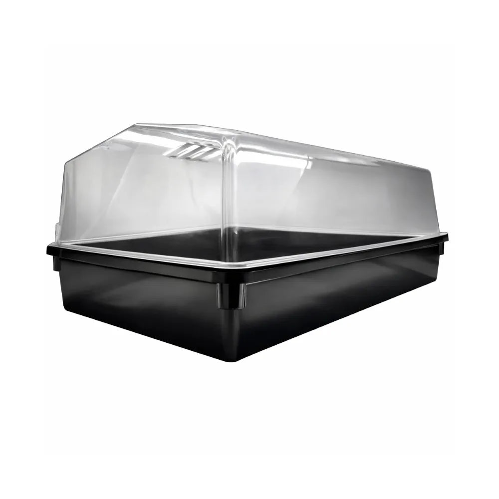 PROP 64 Clear plastic propagation dome lid with black base tray for seed starting, plant propagation and humidity control in indoor gardening.
