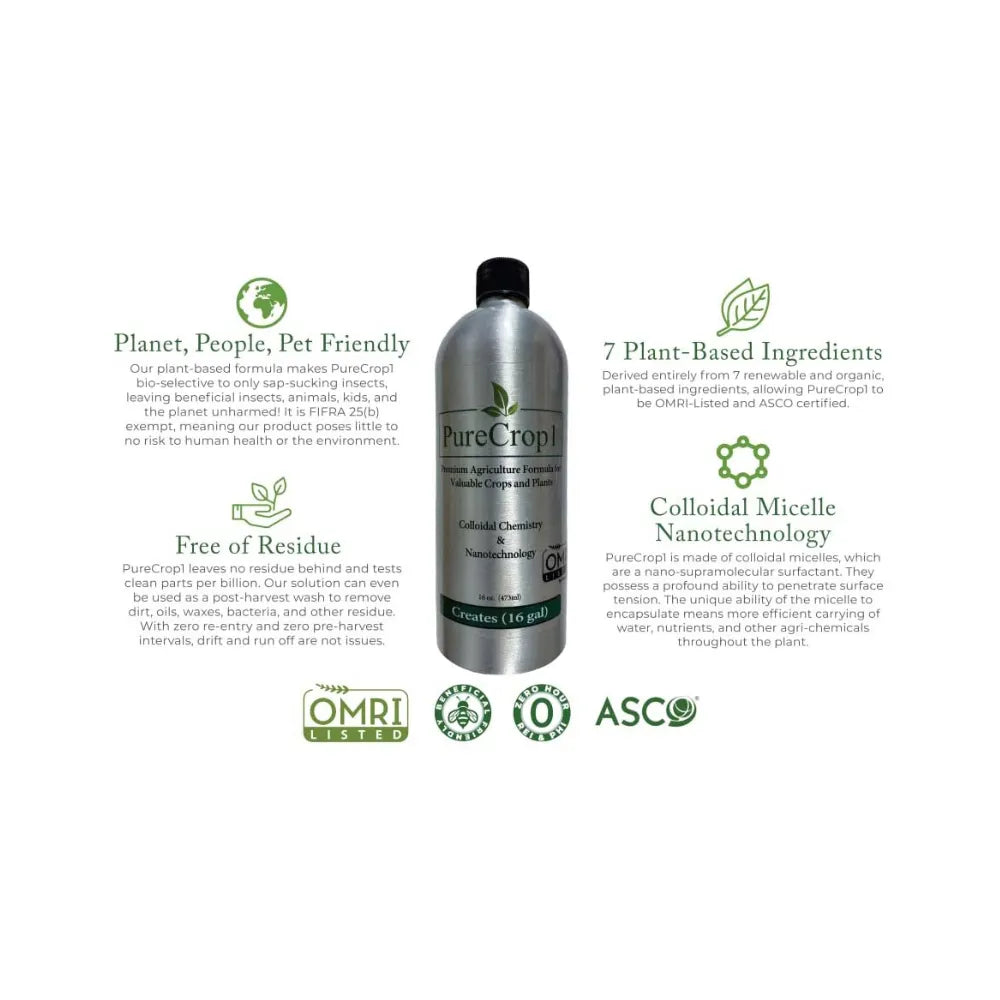PURECROP1 plant protection formula with OMRI listed organic ingredients for pest management, mould control and bio-stimulant support