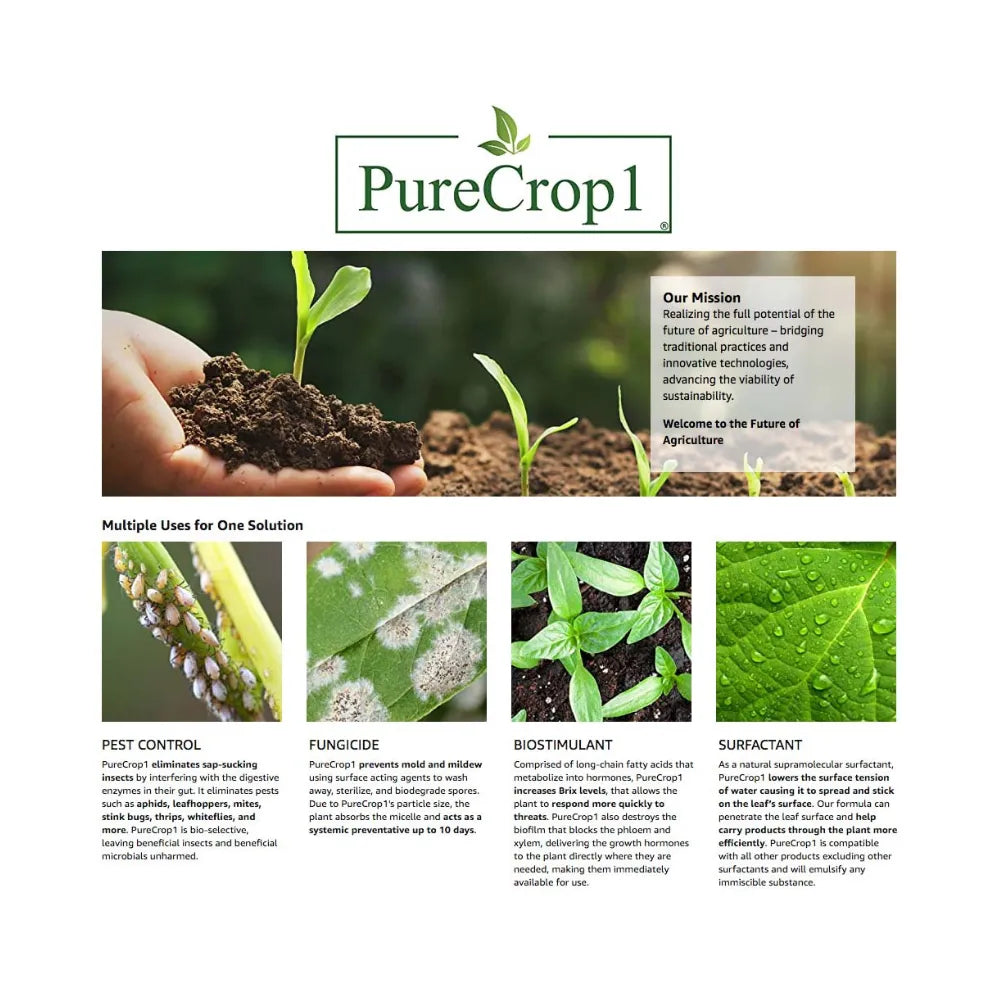 PURECROP1 all-in-one plant care solution for controlling insects, mildew and plant stress while improving crop health and growth