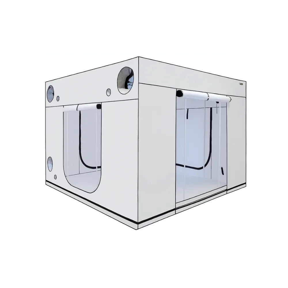 HOMEbox Ambient Q300+ grow tent – 300 x 300 x 220 cm white hydroponic tent with roll-up doors, metal frame, and ventilation ports, ideal for indoor gardening and large plant cultivation.