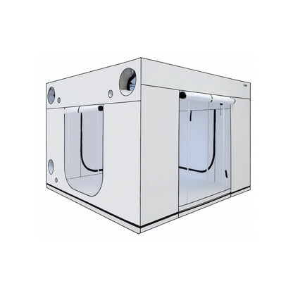 HOMEbox Ambient Q300+ grow tent – 300 x 300 x 220 cm white hydroponic tent with roll-up doors, metal frame, and ventilation ports, ideal for indoor gardening and large plant cultivation.