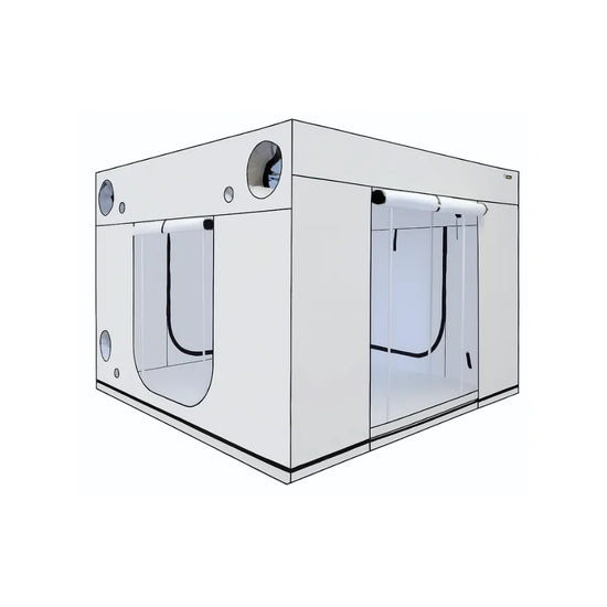 HOMEbox Ambient Q300+ grow tent – 300 x 300 x 220 cm white hydroponic tent with roll-up doors, metal frame, and ventilation ports, ideal for indoor gardening and large plant cultivation.