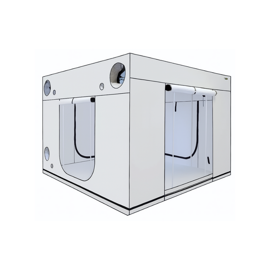 HOMEbox Ambient Q300+ grow tent – 300 x 300 x 220 cm white hydroponic tent with roll-up doors, metal frame, and ventilation ports, ideal for indoor gardening and large plant cultivation.