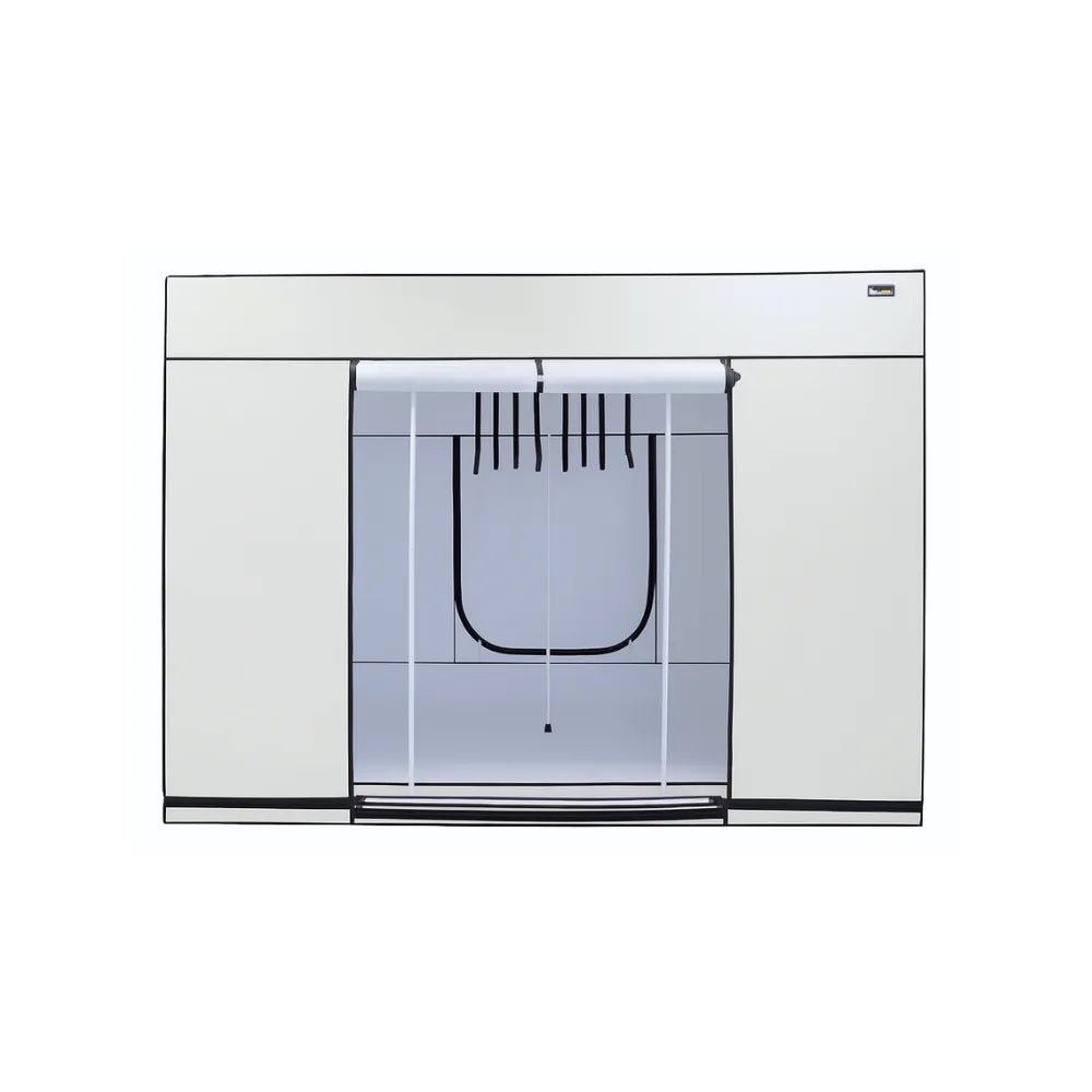 Frontal view of HOMEbox Ambient Q300 Plus grow tent – 300x300x220cm indoor hydroponics tent with lightproof white canvas, support poles, and hanging straps for grow lights.