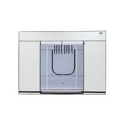 Frontal view of HOMEbox Ambient Q300 Plus grow tent – 300x300x220cm indoor hydroponics tent with lightproof white canvas, support poles, and hanging straps for grow lights.