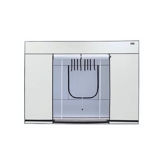 Frontal view of HOMEbox Ambient Q300 Plus grow tent – 300x300x220cm indoor hydroponics tent with lightproof white canvas, support poles, and hanging straps for grow lights.