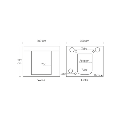 Diagram of the HOMEbox Ambient Q300+ front and back dimensions.