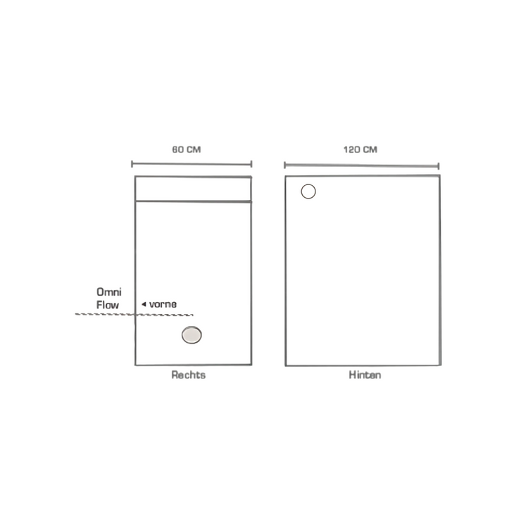 Diagram of the back and right side ventilation ports for the HOMEbox R120S Room 120 x 60 x 180cm