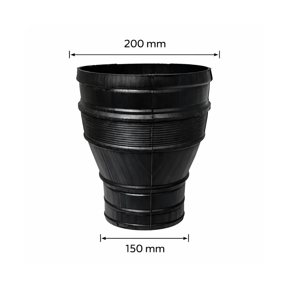 Black 200–150 mm duct reducer for hydroponic ventilation systems, grow tent adapter for exhaust fans and flexible air ducting