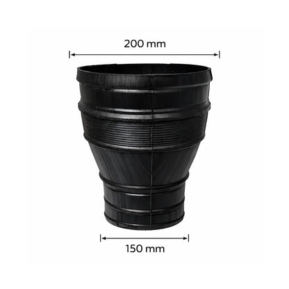 Black 200–150 mm duct reducer for hydroponic ventilation systems, grow tent adapter for exhaust fans and flexible air ducting