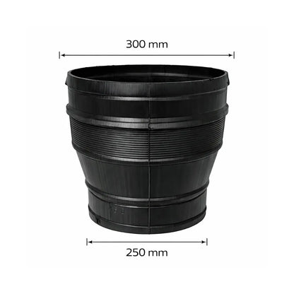300 mm to 250 mm ventilation duct reducer for hydroponic grow rooms, black plastic adapter for inline fans, carbon filters and flexible ducting