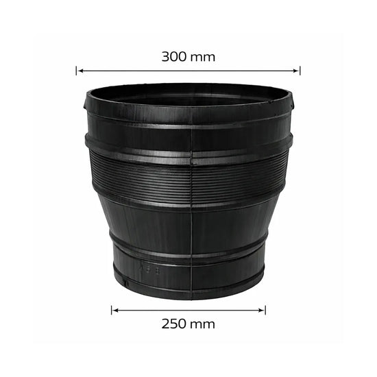300 mm to 250 mm ventilation duct reducer for hydroponic grow rooms, black plastic adapter for inline fans, carbon filters and flexible ducting