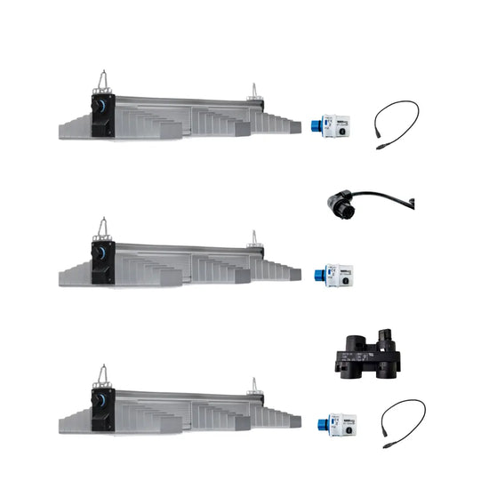 SANlight EVO 1.5 3-80 Trio LED grow light kit with three full spectrum hydroponic grow lights, dimmer control, cables and connectors for indoor plant grow tent setup