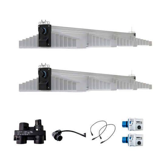 LED grow light dual fixture kit with wiring accessories and connectors, energy-efficient lighting kit for indoor hydroponic and greenhouse gardening.