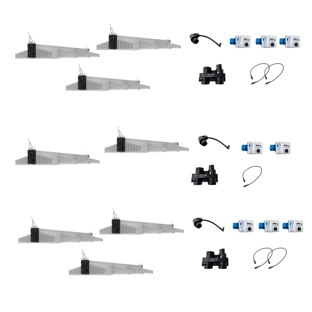Set of eight SANlight 4-120 LED fixtures with cables, connectors and accessories, energy-efficient lighting system for hydroponics and indoor gardening.