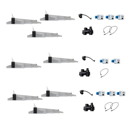 Set of eight SANlight 4-120 LED fixtures with cables, connectors and accessories, energy-efficient lighting system for hydroponics and indoor gardening.