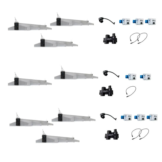 Set of eight SANlight 4-120 LED fixtures with cables, connectors and accessories, energy-efficient lighting system for hydroponics and indoor gardening.