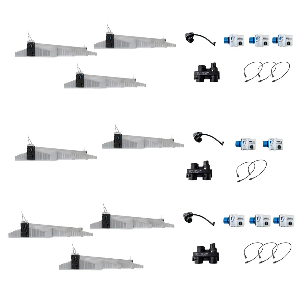 Set of eight SANlight 4-120 LED fixtures with cables, connectors and accessories, energy-efficient lighting system for hydroponics and indoor gardening.