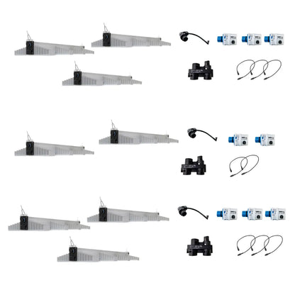 Set of eight SANlight 4-120 LED fixtures with cables, connectors and accessories, energy-efficient lighting system for hydroponics and indoor gardening.