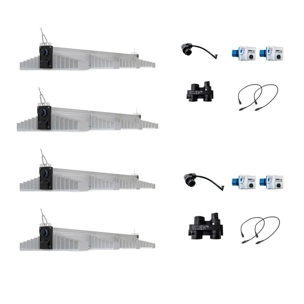 Set of four SANlight LED fixtures with  cables, connectors and accessories, energy-efficient lighting system for hydroponics and indoor gardening.