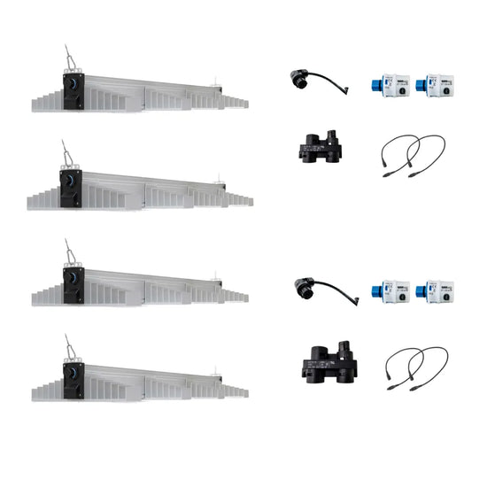 Set of four SANlight LED fixtures with  cables, connectors and accessories, energy-efficient lighting system for hydroponics and indoor gardening.