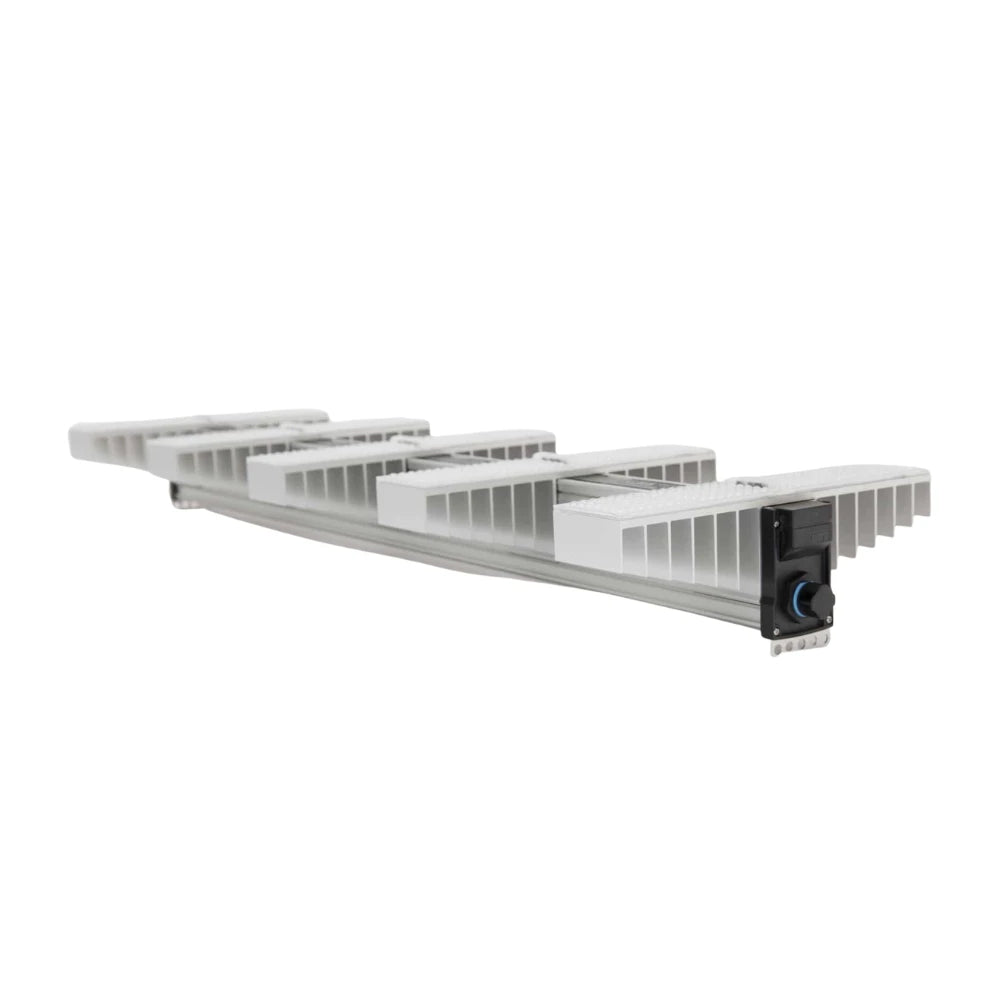 Angled view of SANlight EVO 5-150 full spectrum LED grow light, slim linear design with advanced heat dissipation for indoor cultivation.